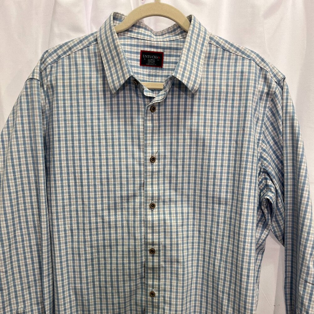 UNTUCKit Mens XL Blue White Plaid Wrinkle Free Cotton Long Sleeve collar shirt